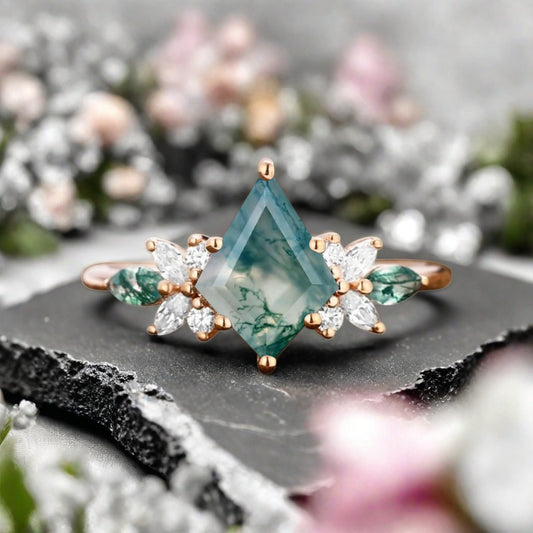 Vintage Kite Cut Green Moss Agate Engagement Ring 10k Rose Gold Butterfly Shape Moissanite Women Unique Bridal Wedding Ring