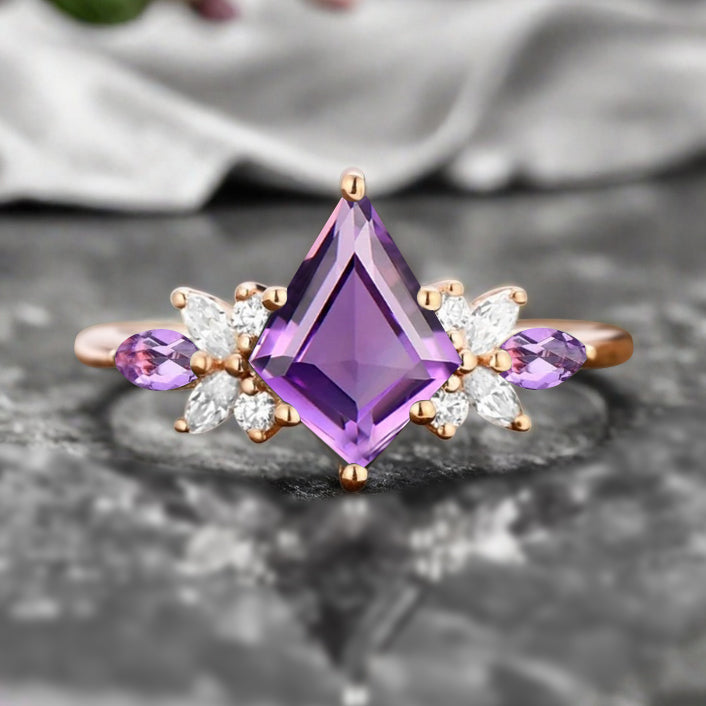 Vintage Kite Cut Violet Amethyst Engagement Ring 10k Rose Gold Butterfly Shape Moissanite Women Unique Bridal Wedding Ring