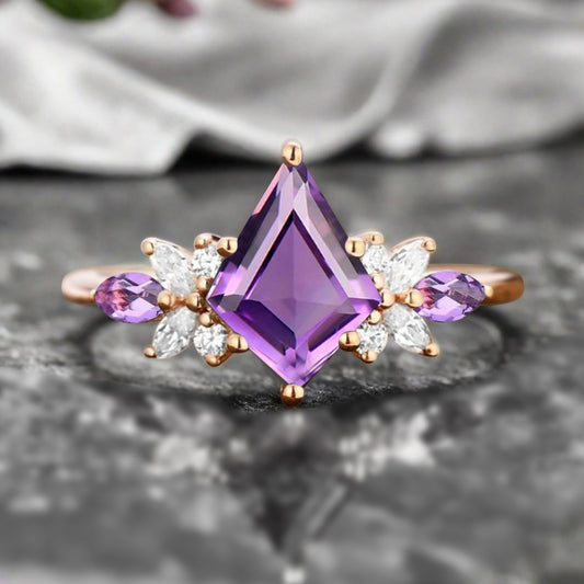 Vintage Kite Cut Violet Amethyst Engagement Ring 10k Rose Gold Butterfly Shape Moissanite Women Unique Bridal Wedding Ring