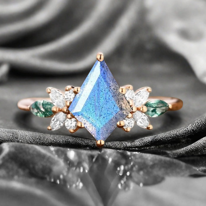 Vintage Kite Cut Blue-White Labradorite Engagement Ring 10k Rose Gold Butterfly Shape Moissanite Women Unique Bridal Wedding Ring