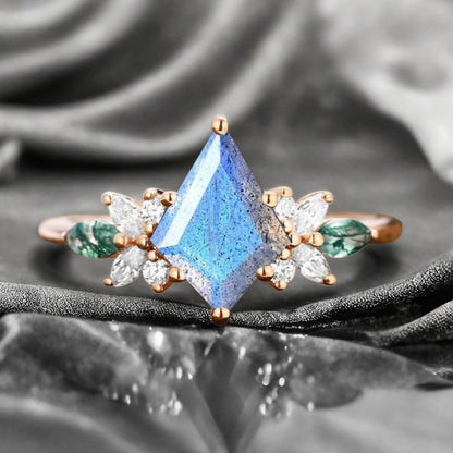 Vintage Kite Cut Blue-White Labradorite Engagement Ring 10k Rose Gold Butterfly Shape Moissanite Women Unique Bridal Wedding Ring