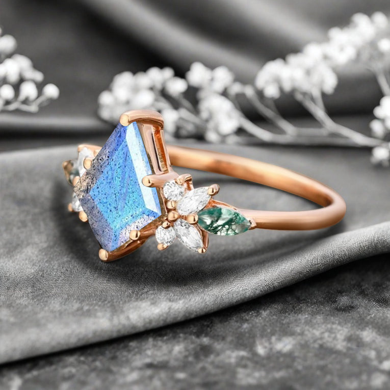 Vintage Kite Cut Blue-White Labradorite Engagement Ring 10k Rose Gold Butterfly Shape Moissanite Women Unique Bridal Wedding Ring