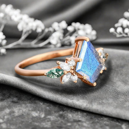 Vintage Kite Cut Blue-White Labradorite Engagement Ring 10k Rose Gold Butterfly Shape Moissanite Women Unique Bridal Wedding Ring