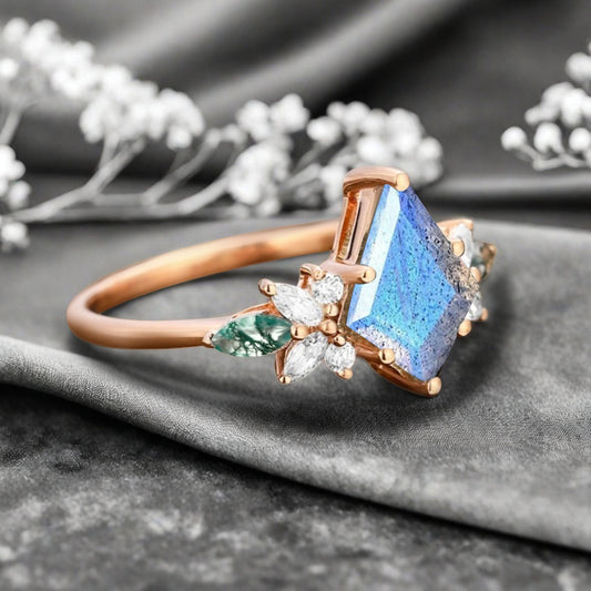 Vintage Kite Cut Blue-White Labradorite Engagement Ring 10k Rose Gold Butterfly Shape Moissanite Women Unique Bridal Wedding Ring