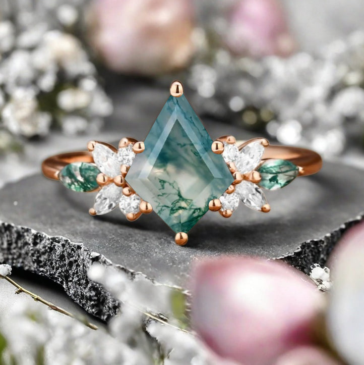 Vintage Kite Cut Green Moss Agate Engagement Ring 10k Rose Gold Butterfly Shape Moissanite Women Unique Bridal Wedding Ring