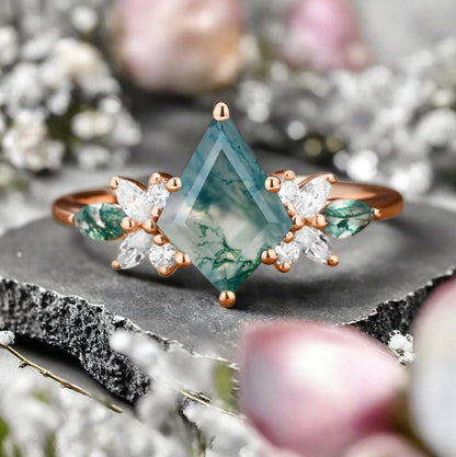 Vintage Kite Cut Green Moss Agate Engagement Ring 10k Rose Gold Butterfly Shape Moissanite Women Unique Bridal Wedding Ring