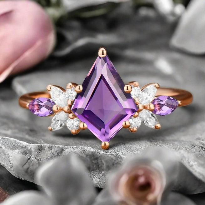 Vintage Kite Cut Violet Amethyst Engagement Ring 10k Rose Gold Butterfly Shape Moissanite Women Unique Bridal Wedding Ring