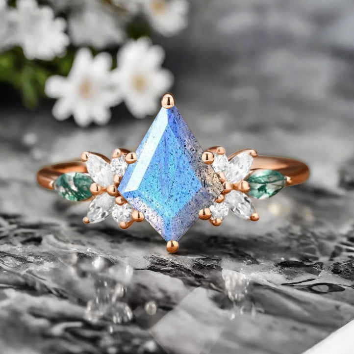 Vintage Kite Cut Blue-White Labradorite Engagement Ring 10k Rose Gold Butterfly Shape Moissanite Women Unique Bridal Wedding Ring