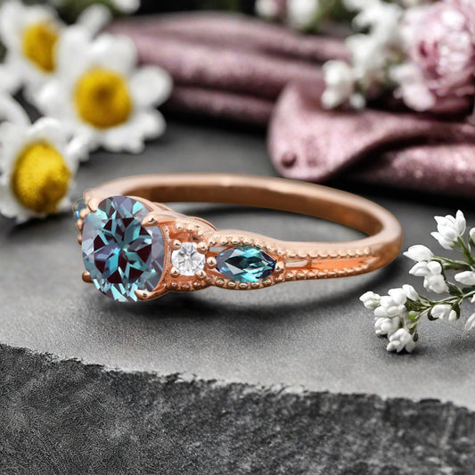 Round Cut Aquamarine Engagement Ring Marquise Moissanite Sidestones Vintage Promise Anniversary Gift