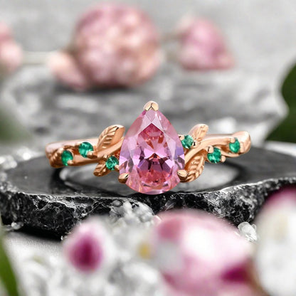 Pink Sapphire Engagement Ring Vintage Pear Cut Pink Sapphire Ring Solid 14k Rose Gold Ring Emerald Bridal Promise Leaf Ring Unique Engagement Anniversary Gift