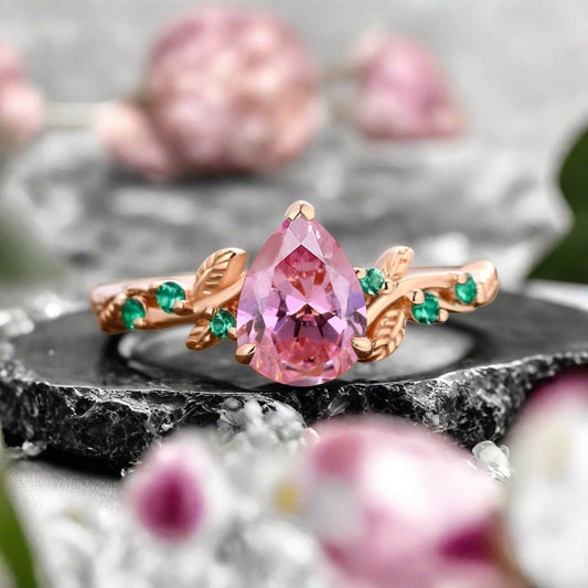Pink Sapphire Engagement Ring Vintage Pear Cut Pink Sapphire Ring Solid 14k Rose Gold Ring Emerald Bridal Promise Leaf Ring Unique Engagement Anniversary Gift