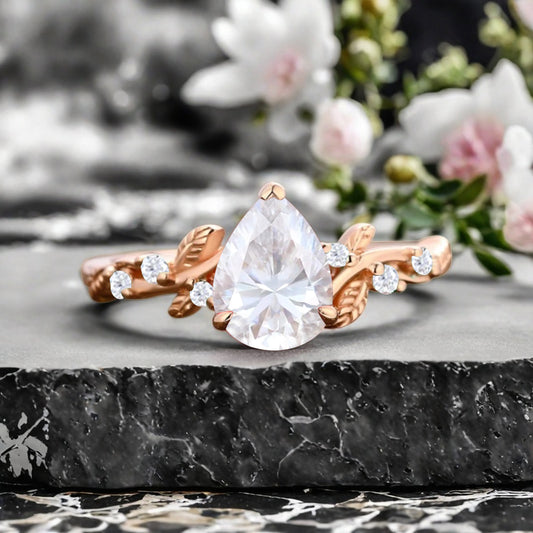 Moissanite Engagement Ring Vintage Pear Cut Moissanite Ring Solid 14k Rose Gold Ring Moissanite Bridal Promise Leaf Ring Unique Engagement Anniversary Gift