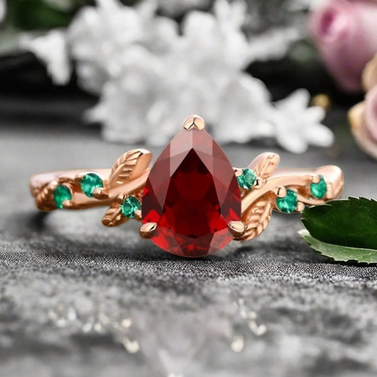 Ruby Engagement Ring Vintage Pear Cut Ruby Ring Solid 14k Rose Gold Ring Emerald Bridal Promise Leaf Ring Unique Engagement Anniversary Gift