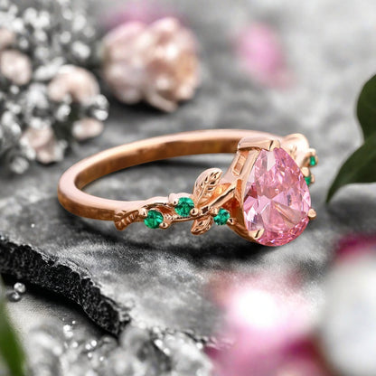 Pink Sapphire Engagement Ring Vintage Pear Cut Pink Sapphire Ring Solid 14k Rose Gold Ring Emerald Bridal Promise Leaf Ring Unique Engagement Anniversary Gift