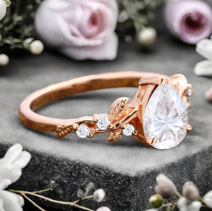 Moissanite Engagement Ring Vintage Pear Cut Moissanite Ring Solid 14k Rose Gold Ring Moissanite Bridal Promise Leaf Ring Unique Engagement Anniversary Gift