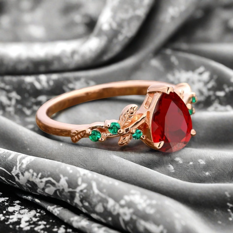Ruby Engagement Ring Vintage Pear Cut Ruby Ring Solid 14k Rose Gold Ring Emerald Bridal Promise Leaf Ring Unique Engagement Anniversary Gift
