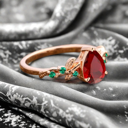 Ruby Engagement Ring Vintage Pear Cut Ruby Ring Solid 14k Rose Gold Ring Emerald Bridal Promise Leaf Ring Unique Engagement Anniversary Gift