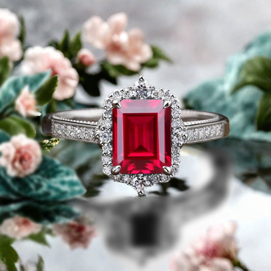 Ruby Emerald Cut Ring Art Deco Handmade Octagon Gemstone Engagement Ring Personalized Jewelry Gift