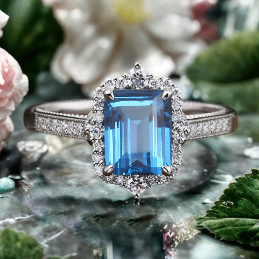 Aquamarine Emerald Cut Ring Art Deco Handmade Octagon Gemstone Engagement Ring Personalized Jewelry Gift
