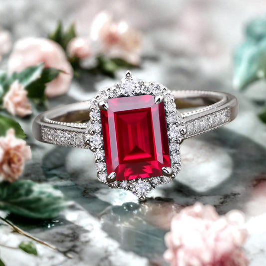 Ruby Emerald Cut Ring Art Deco Handmade Octagon Gemstone Engagement Ring Personalized Jewelry Gift