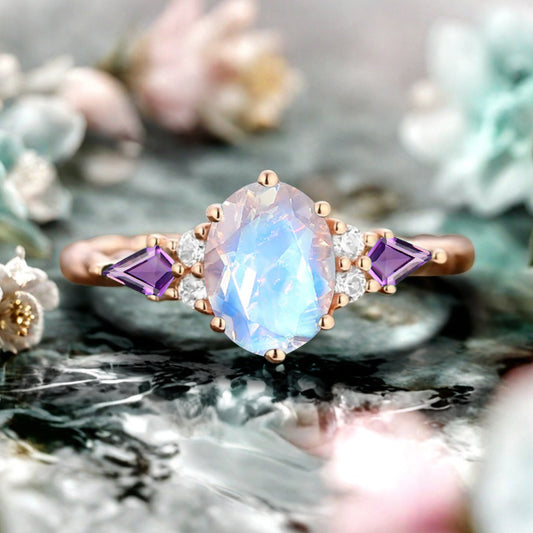 Vintage Oval Mondstein Verlobungsring Unikat Opal Moissanit Versprechensring