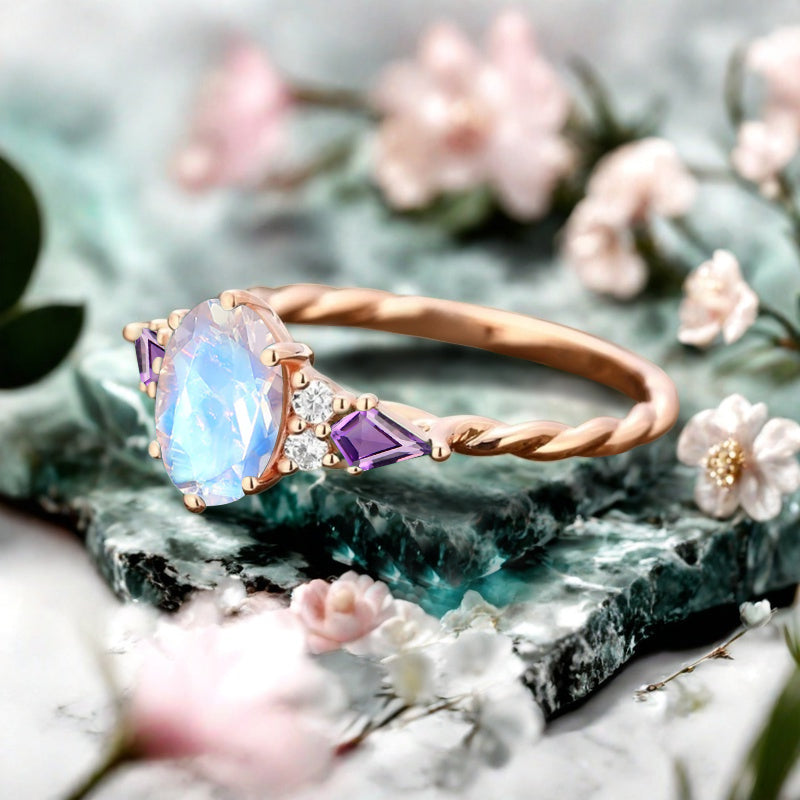 Vintage Oval Mondstein Verlobungsring Unikat Opal Moissanit Versprechensring