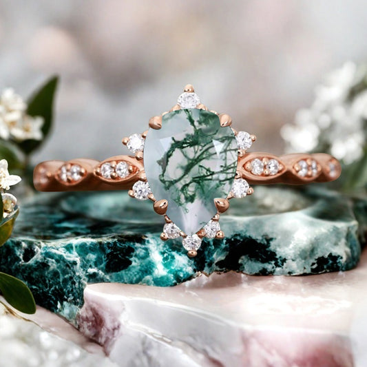 Moss Agate Ring Dainty Ring Pear Cut Moss Agate Engagement Ring Art Deco Promise Ring Gift For Her