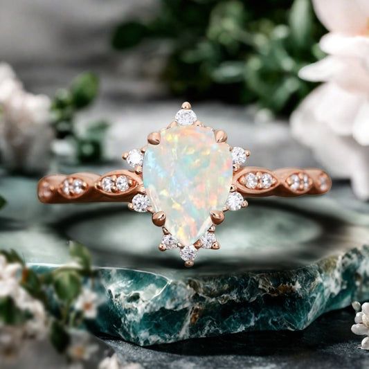 Opal Ring Dainty Ring Pear Cut Opal Engagement Ring Art Deco Promise Ring Gift For Her