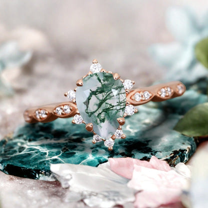Moss Agate Ring Dainty Ring Pear Cut Moss Agate Engagement Ring Art Deco Promise Ring Gift For Her