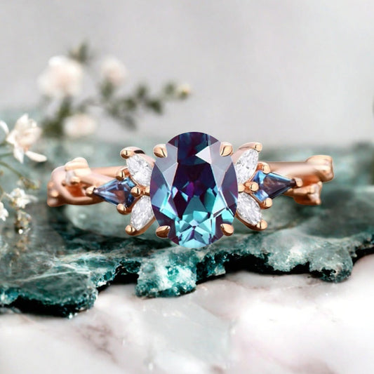 Bague de fiançailles vintage ovale en pierre de lune, bague de promesse unique en opale et moissanite