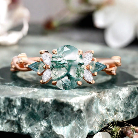 Bague de fiançailles vintage ovale en pierre de lune, bague de promesse unique en opale et moissanite
