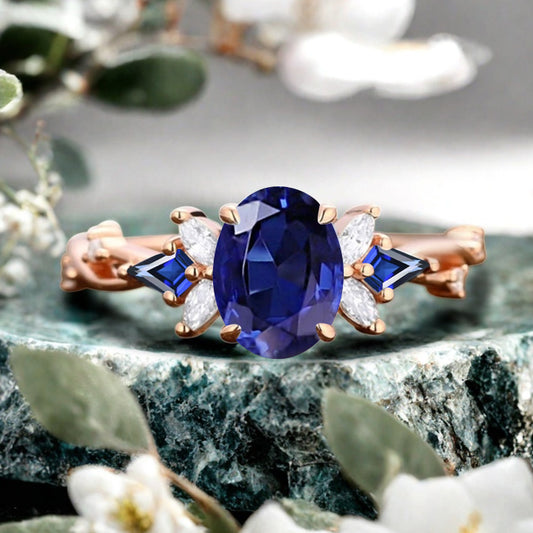 Bague de fiançailles vintage ovale en pierre de lune, bague de promesse unique en opale et moissanite