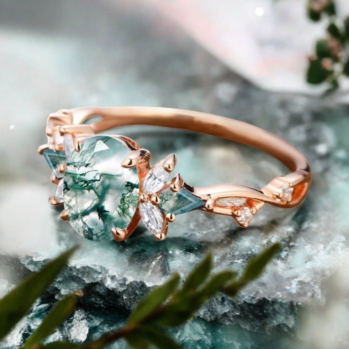 Bague de fiançailles vintage ovale en pierre de lune, bague de promesse unique en opale et moissanite
