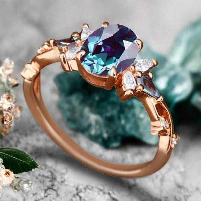 Bague de fiançailles vintage ovale en pierre de lune, bague de promesse unique en opale et moissanite