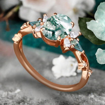 Bague de fiançailles vintage ovale en pierre de lune, bague de promesse unique en opale et moissanite