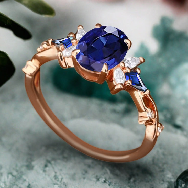 Bague de fiançailles vintage ovale en pierre de lune, bague de promesse unique en opale et moissanite