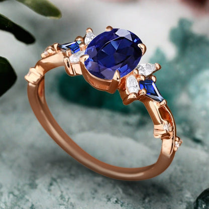 Bague de fiançailles vintage ovale en pierre de lune, bague de promesse unique en opale et moissanite