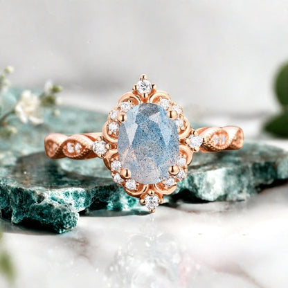 Art Deco Labradorite Ring Solid 14K Gold Engagement Ring Blue White Labradorite Gemstone Bridal Ring Unique Labradorite Ring Delicate Jewelry Gift