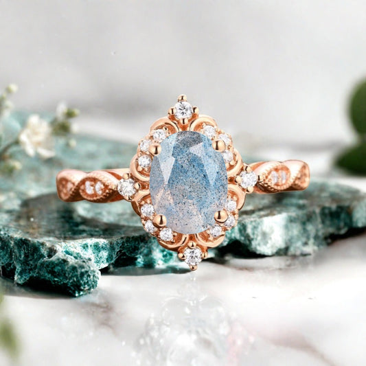 Art Deco Labradorite Ring Solid 14K Gold Engagement Ring Blue White Labradorite Gemstone Bridal Ring Unique Labradorite Ring Delicate Jewelry Gift