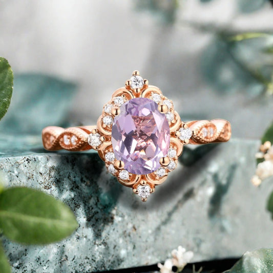 Art Deco Pink Sapphire Ring Solid 14K Gold Engagement Ring Pink Sapphire Gemstone Bridal Ring Unique Pink Sapphire Ring Delicate Jewelry Gift
