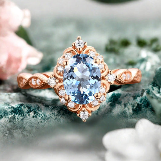 Art Deco Aquamarine Ring Solid 14K Gold Engagement Ring Blue Aquamarine Gemstone Bridal Ring Unique Aquamarine Ring Delicate Jewelry Gift