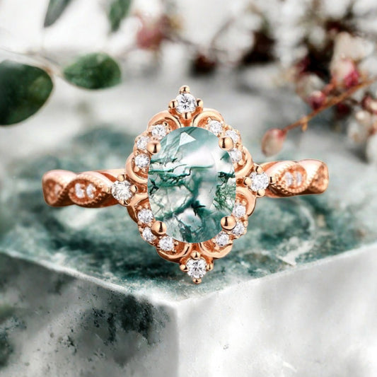 Art Deco Moss Agate Ring Solid 14K Gold Engagement Ring Green White Moss Agate Gemstone Bridal Ring Unique Moss Agate Ring Delicate Jewelry Gift