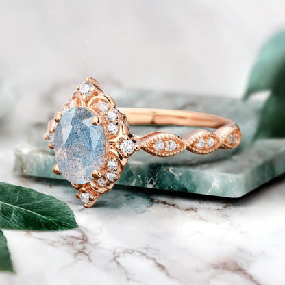 Art Deco Labradorite Ring Solid 14K Gold Engagement Ring Blue White Labradorite Gemstone Bridal Ring Unique Labradorite Ring Delicate Jewelry Gift