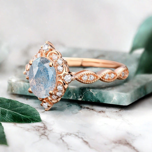 Art Deco Labradorite Ring Solid 14K Gold Engagement Ring Blue White Labradorite Gemstone Bridal Ring Unique Labradorite Ring Delicate Jewelry Gift