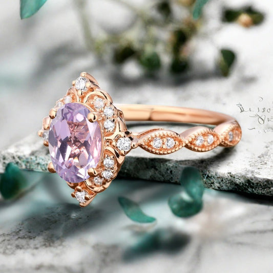Art Deco Pink Sapphire Ring Solid 14K Gold Engagement Ring Pink Sapphire Gemstone Bridal Ring Unique Pink Sapphire Ring Delicate Jewelry Gift
