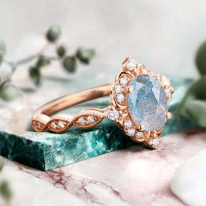 Art Deco Labradorite Ring Solid 14K Gold Engagement Ring Blue White Labradorite Gemstone Bridal Ring Unique Labradorite Ring Delicate Jewelry Gift