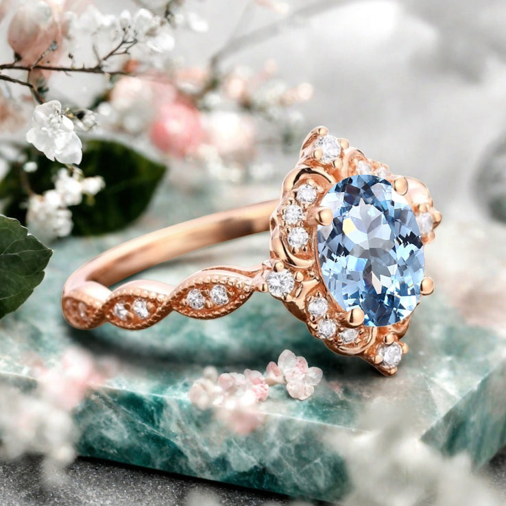 Art Deco Aquamarine Ring Solid 14K Gold Engagement Ring Blue Aquamarine Gemstone Bridal Ring Unique Aquamarine Ring Delicate Jewelry Gift
