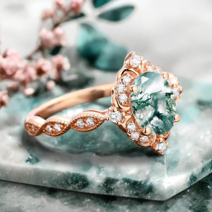 Art Deco Moss Agate Ring Solid 14K Gold Engagement Ring Green White Moss Agate Gemstone Bridal Ring Unique Moss Agate Ring Delicate Jewelry Gift