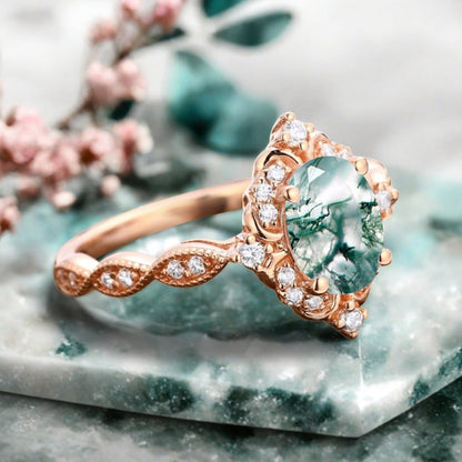 Art Deco Moss Agate Ring Solid 14K Gold Engagement Ring Green White Moss Agate Gemstone Bridal Ring Unique Moss Agate Ring Delicate Jewelry Gift