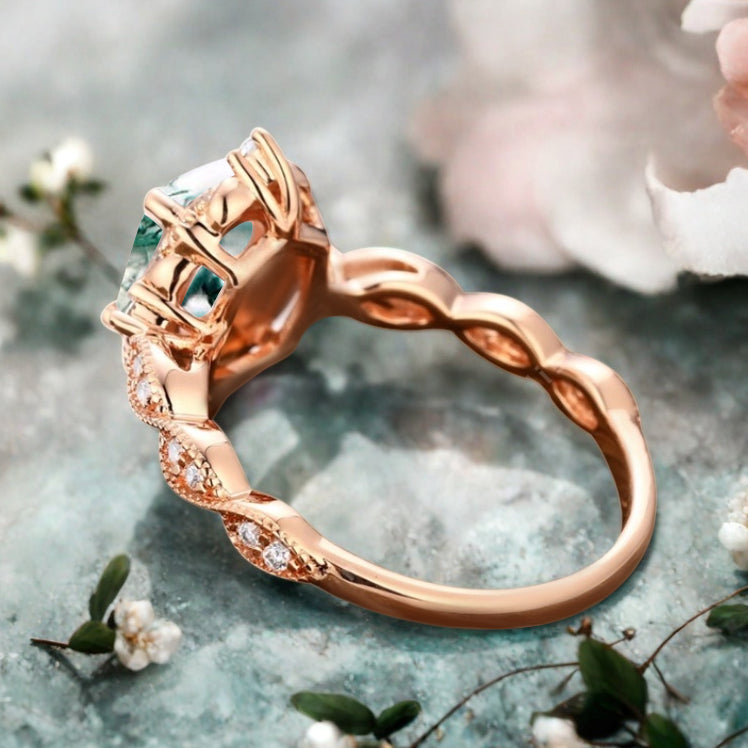 Art Deco Moss Agate Ring Solid 14K Gold Engagement Ring Green White Moss Agate Gemstone Bridal Ring Unique Moss Agate Ring Delicate Jewelry Gift